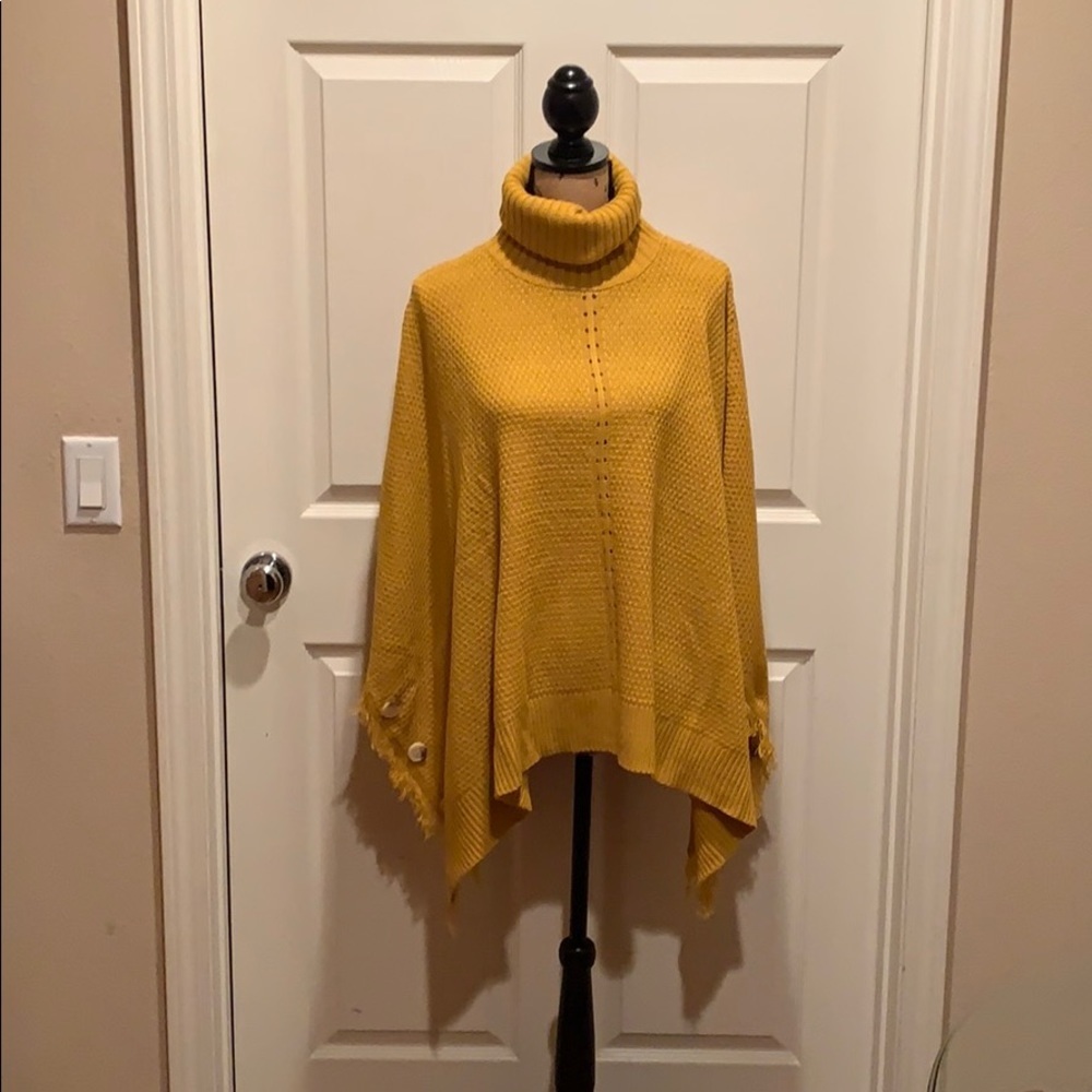 Mustard yellow sweater shawl with side but…